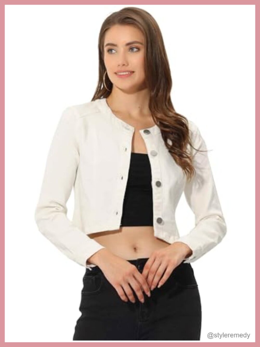 Allegra K Cropped Denim Jacket Women's Collarless Button Jean Jacket